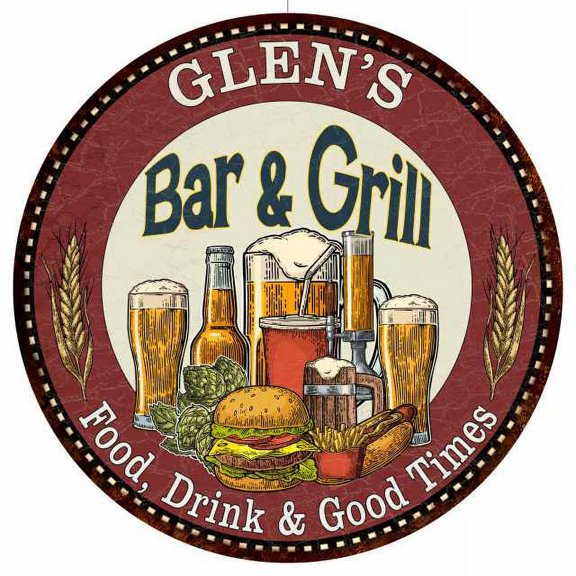 GLEN'S Bar and Grill 14" Round Metal Sign Kitchen Wall Decor 100140020061