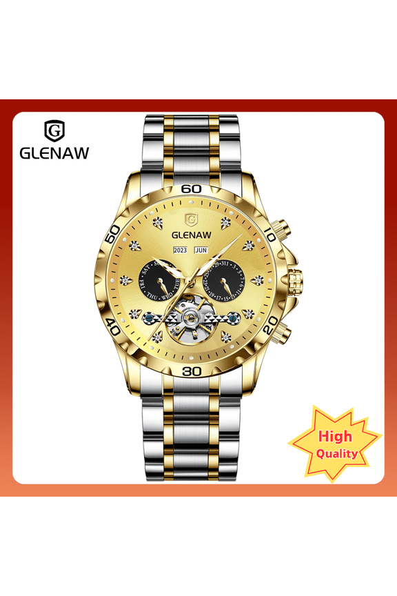 GLENAW stainless steel strap mechanical watch week date month men's watch gift