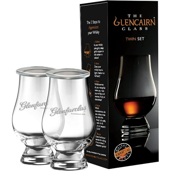 GLENCAIRN GLENFARCLAS BRANDED WHISKY GLASS, SET OF 2 IN TWIN GIFT CARTON WITH WATCH COVERS