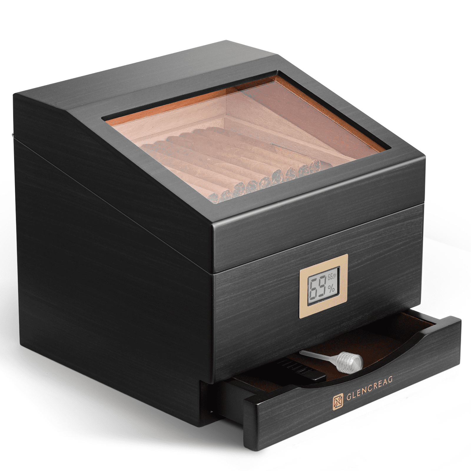 GLENCREAG FT-2042 Cigar Humidor Box for 55 to 85 Counts, See-Through Design with Spanish Cedar Lining & Divider, Digital Hygrometer, Accessory Drawer & Humidifier, Gift for Cigar Lovers (Ebony)