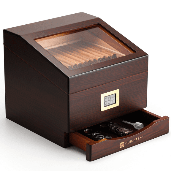 GLENCREAG FT-2042 Cigar Humidor Box for 85 Counts, See-Through Design with Spanish Cedar Lining & Divider, Digital Hygrometer, Accessory Drawer & Humidifier, Gift for Cigar Lovers