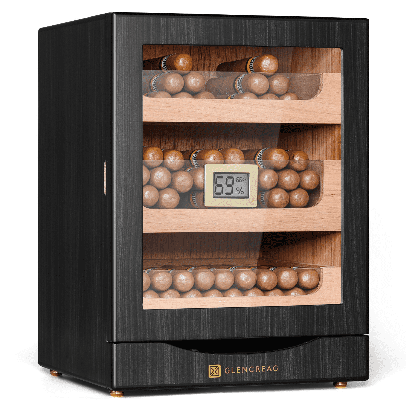 GLENCREAG MET-1031 Cigar Humidor Cabinet for 150 Cigars with Spanish Cedar Lining, Tight-Seal Magnetic Door, 3+1 Large Capacity Drawers, Gift for Cigar Aficionado (Ebony)