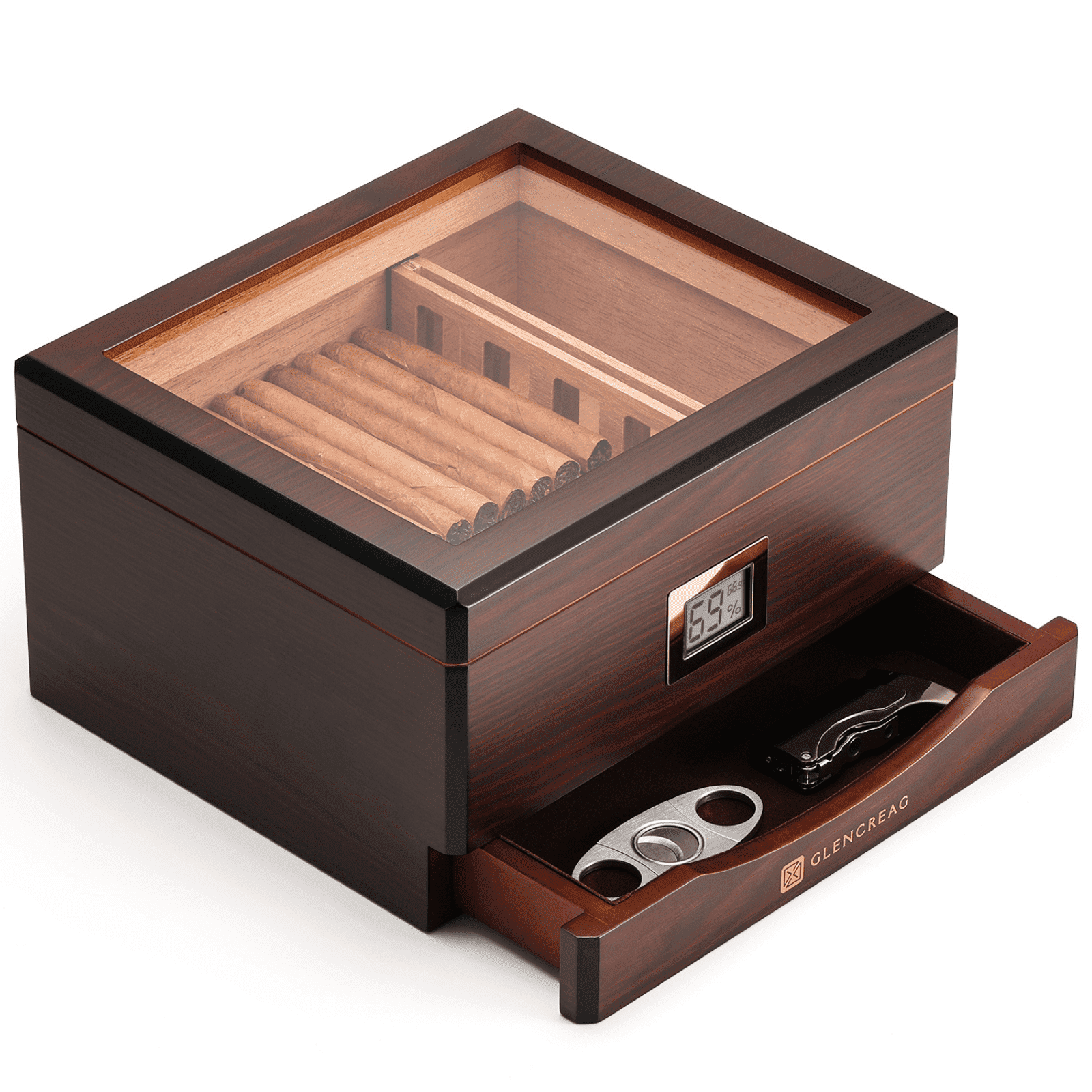 Reddish Brown Cedar Humidor Box with Glass Top and Hygrometer