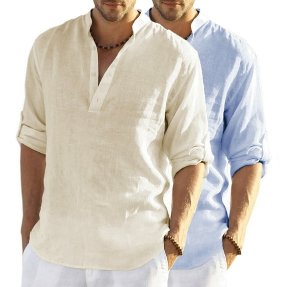 GLESTORE Men's Casual Henley Collar Long Sleeve Button-Up Shirts, 2-Pack