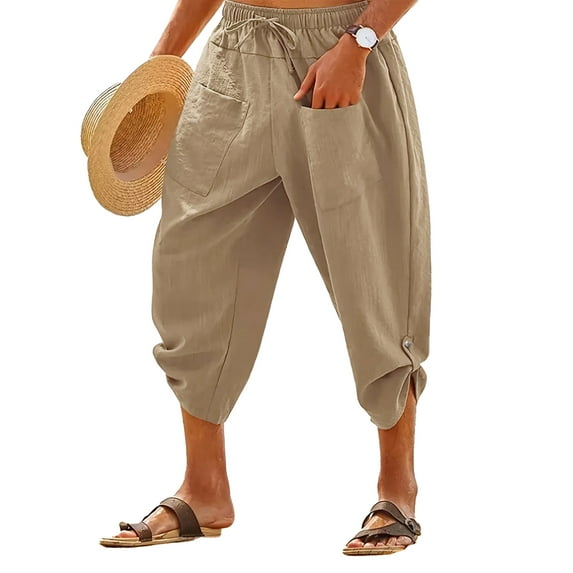 GLESTORE Men's Linen Pants Mens Capri Pants Elastic Waist Summer Beach Casual Khaki XL