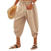GLESTORE Mens Linen Pants Mens Capri Pants Elastic Waist Summer Beach Casual Light Khaki XXL