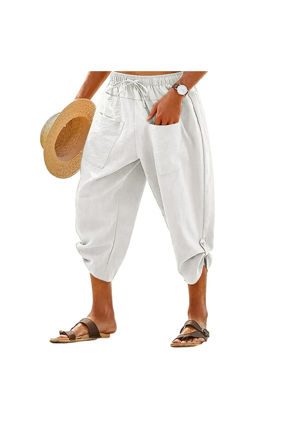 Men's Linen Pants Mens Capri Pants Elastic Waist Summer Beach Casual White L