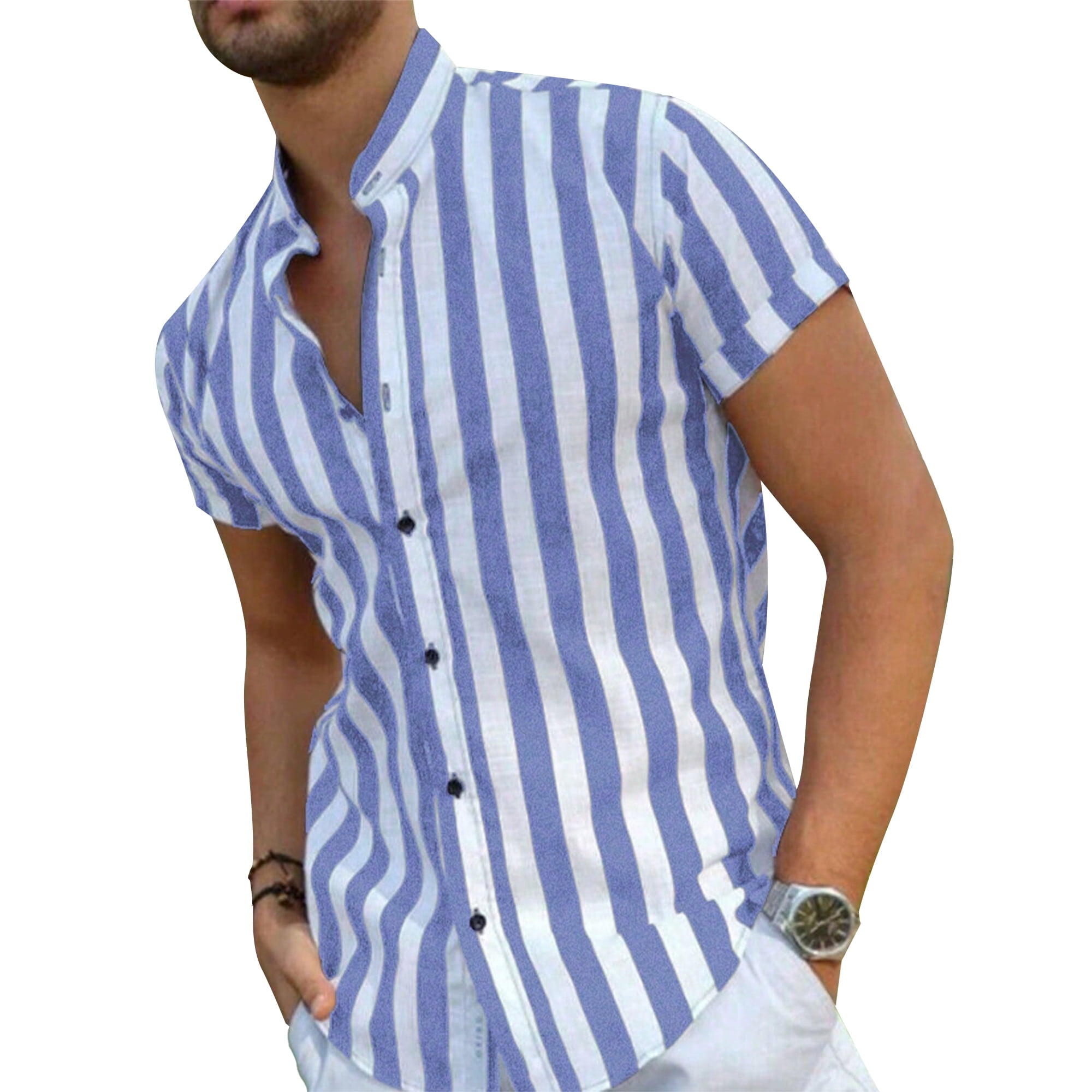 GLESTORE Mens Linen Shirts Short Sleeve Henley Shirts Striped Button Down Summer Casual Light Blue XL
