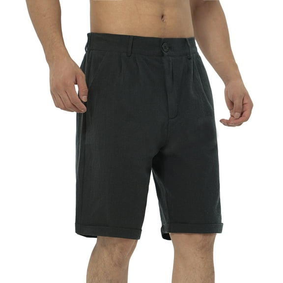 GLESTORE Mens Linen Shorts Summer Men Casual Shorts with Pockets Button-up Black L