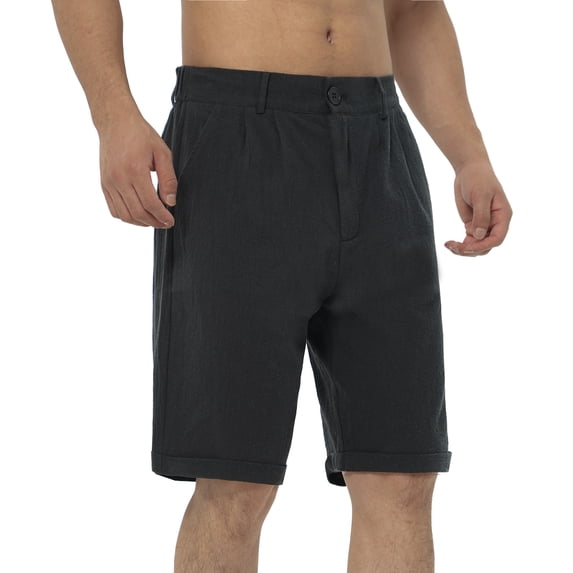 GLESTORE Mens Linen Shorts Summer Men Casual Shorts with Pockets Button-up Black XL