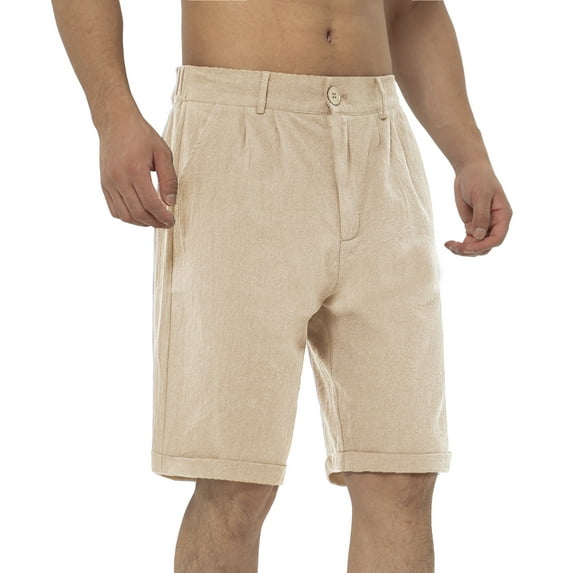 GLESTORE Mens Linen Shorts Summer Men Casual Shorts with Pockets Button-up Coffee M