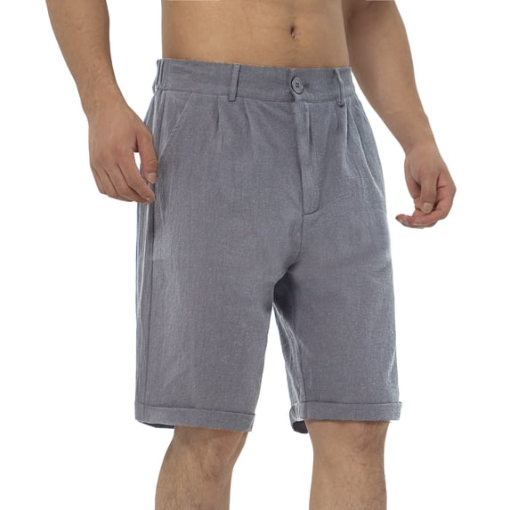 GLESTORE Mens Linen Shorts Summer Men Casual Shorts with Pockets Button-up Grey M