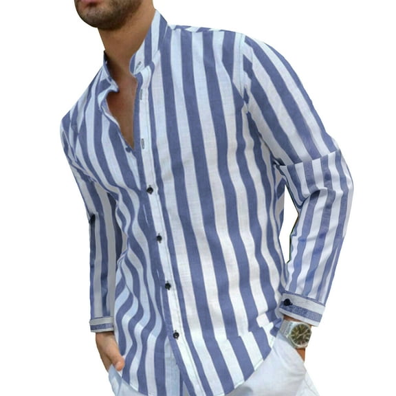 GLESTORE Mens Long Sleeve Shirts Casual Henley Collar Button up Striped Stylish Light Blue L