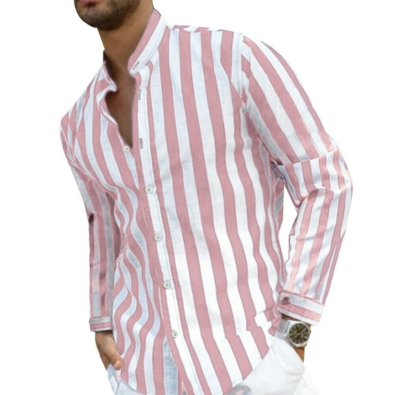 GLESTORE Mens Long Sleeve Shirts Casual Henley Collar Button up Striped Stylish Pink L