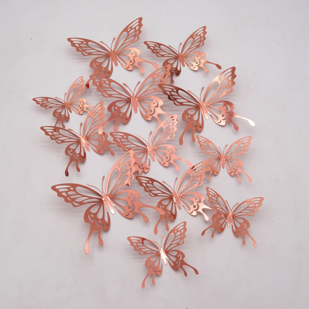GLFILL 12pcs Butterfly Wall Stickers 3D Paper Decals Room Decorations Decor rose gold