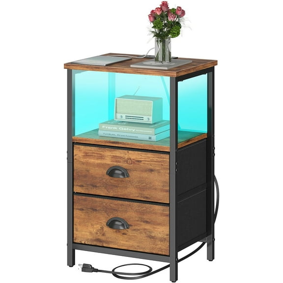 GTTY Rustic Brown Industrial Nightstand Set of 2, Bedside Table with 2 Fabric Drawers 3-Tier Storage, LED Light, Charging Station
