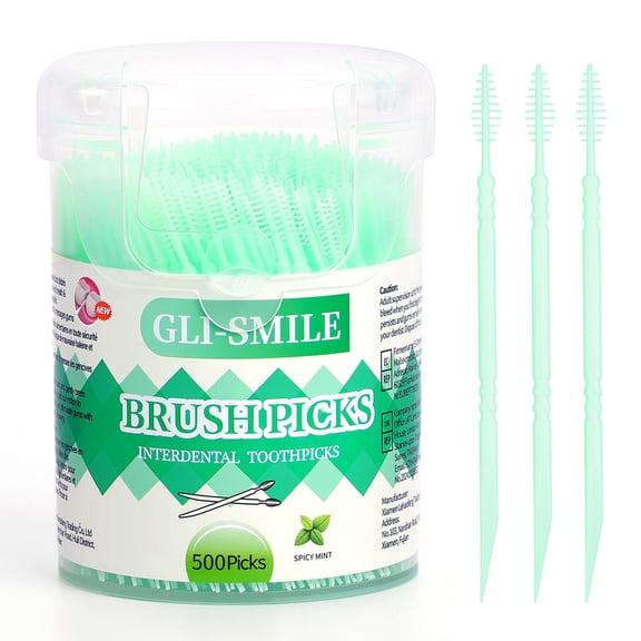 GLI-Smile BrushPicks Interdental Toothpicks, Soft Interdental Brushes and Dental Floss Picks 2-in-1, Teeth Plaque Remover 500 Toothpicks, Mint, 1 Pack