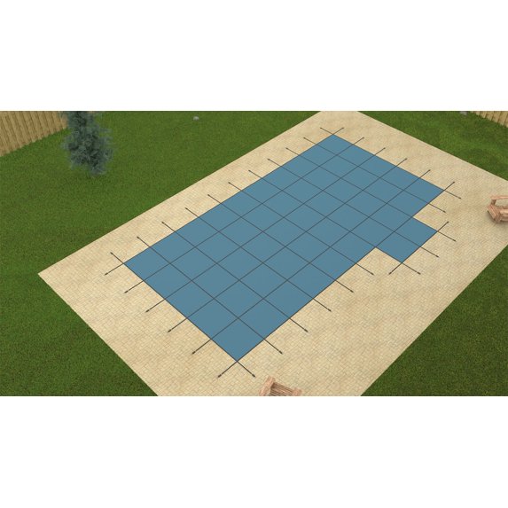 GLI Value X Solid Rectangular Solid Pool Safety Cover with 4' Offset Left Steps and 4' Radius, Blue, 16' x 32'