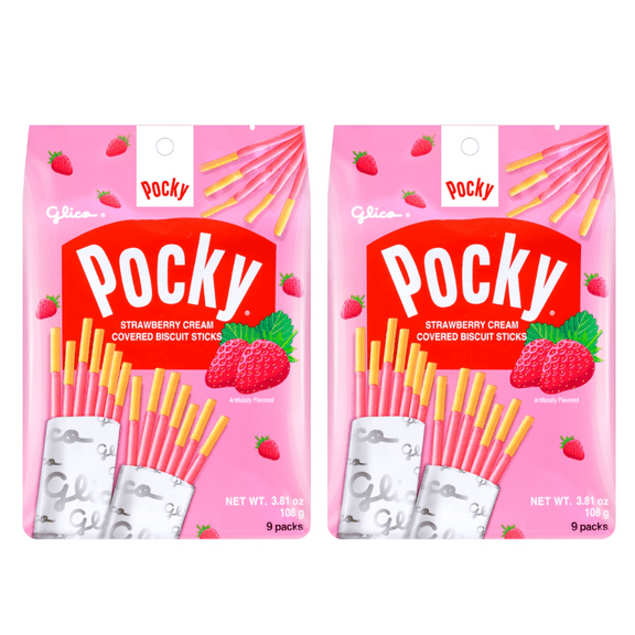 GLICO Pocky Strawberry Cream Covered Biscuit Sticks -9 Individual Wrapped Packs 3.81 oz (108g) - 2 Pack