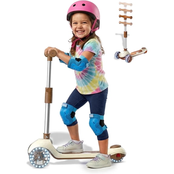 GLIDEZONE Kick Scooter for Kids Ages 3~14, Foldable Toddler Scooter 3 Wheel with LED Lighted, Adjustable Handlebars, Max Load 110lbs (Brown)