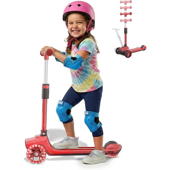 GLIDEZONE Kick Scooter for Kids Ages 3~14, Foldable Toddler Scooter 3 Wheel with LED Lighted, Adjustable Handlebars, Max Load 110lbs (Red)