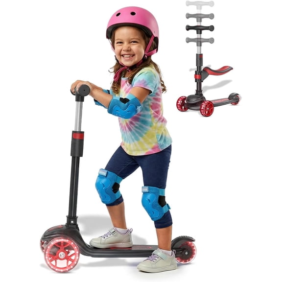 GLIDEZONE Kids Kick Scooter with Seat & LED Wheels, Foldable Adjustable Height Scooter, 2-in-1 Sit to Stand Scooter for Ages 3-14 (Black)