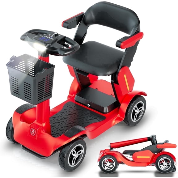 GlideZone 4 Wheels Mobility Scooter with Charger & Basket for Seniors, Electric Powered Folding Wheelchair Device with 35 Miles for Travel