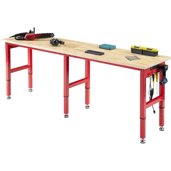 GLITSTAR Adjustable Workbench with Power Outlets, 84"x24",2000 LBs Heavy Duty Work Table with Hooks, Solid Rubber Wood Top for Garage