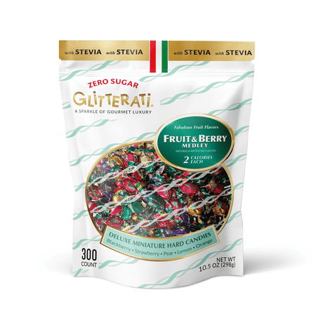 GLITTERATI Fruit & Berry Medley, 10.5 oz., Zero Sugar with Stevia, Italian Miniature Hard Candies, Assorted Fruit Flavors