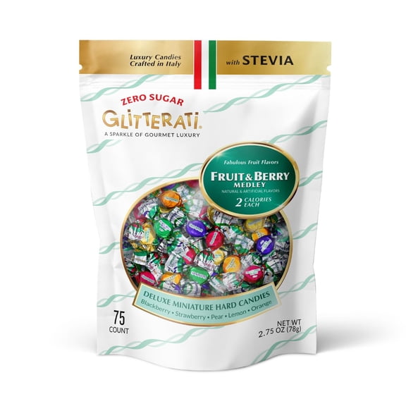 GLITTERATI Zero Sugar Italian Hard Candy, Fruit & Berry Medley, Stevia Sweetened, Gluten Free, Vegan, Non-GMO, Individually Wrapped Assorted Fruit Candy, 75 Count, 2.75 oz