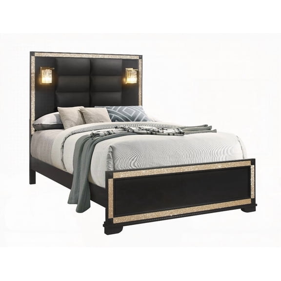 GLITTERY BLACK/GOLD QUEEN BED AND ITS STURDY PADDED HEADBOARD