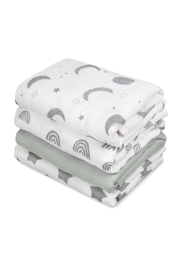 4-Pack Muslin Swaddle Receiving Blankets for Newborn Infant Boys Girls 35"x40", Star