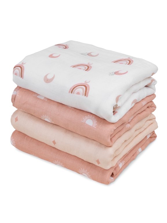 4-Pack Muslin Swaddle Receiving Blankets for Newborn Infant Boys Girls 35"x40", Rainbow