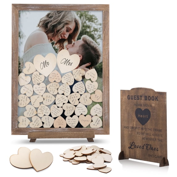 GLM Wedding Guest Book Alternative with Sign, 85 Hearts and 2 Large Hearts, Guest Book Wedding Reception, Sign in Guest Book Alternatives, Rustic Wedding Decorations (Brown)