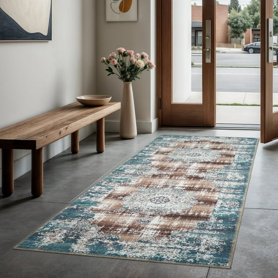GLN Rugs Agean - Indoor, Machine Washable Area Rug 2'6"x9'8" Turkish Blue Home Carpet, All Ages