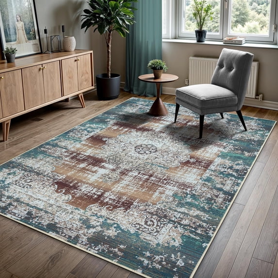 GLN Rugs Agean - Indoor, Machine Washable Area Rug 3'x5' Turkish Blue Home Carpet