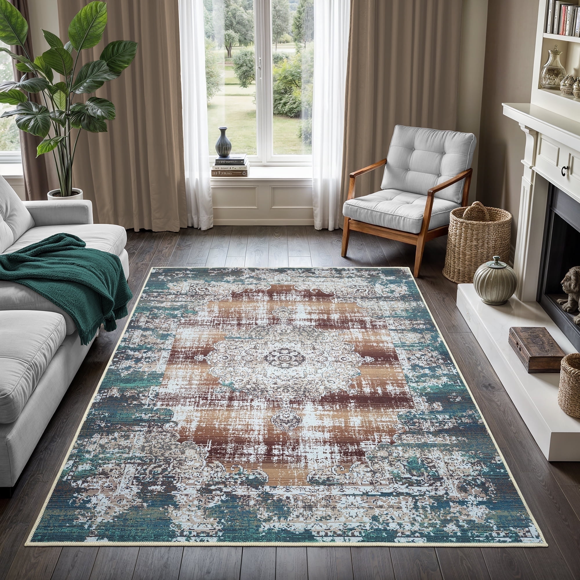 Blue and Brown Vintage Machine Washable Area Rug 3' x 5'
