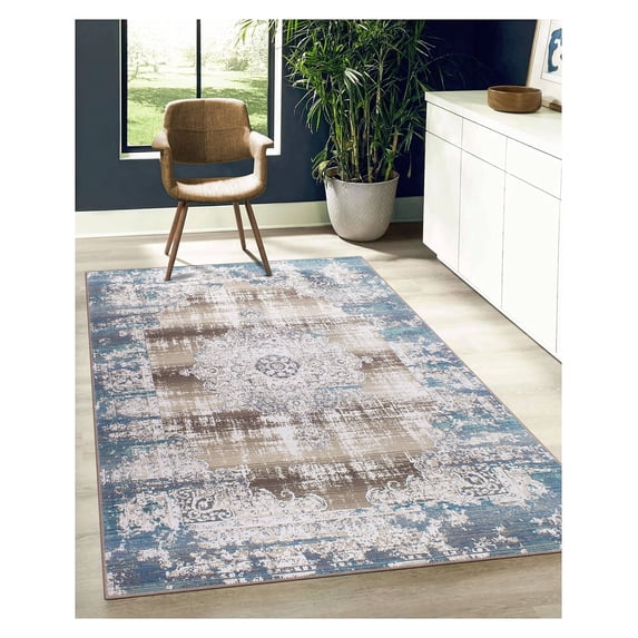 GLN Rugs Agean - Indoor, Machine Washable Area Rug 8'x10' Turkish Blue Home Carpet