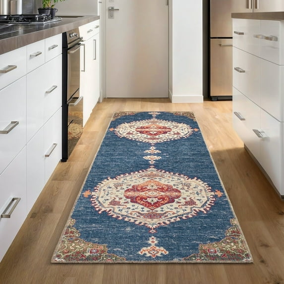GLN Rugs Anatolium - Indoor, Machine Washable Area Rug 2'6"x6'6" Turkish Blue Home Carpet, All Ages