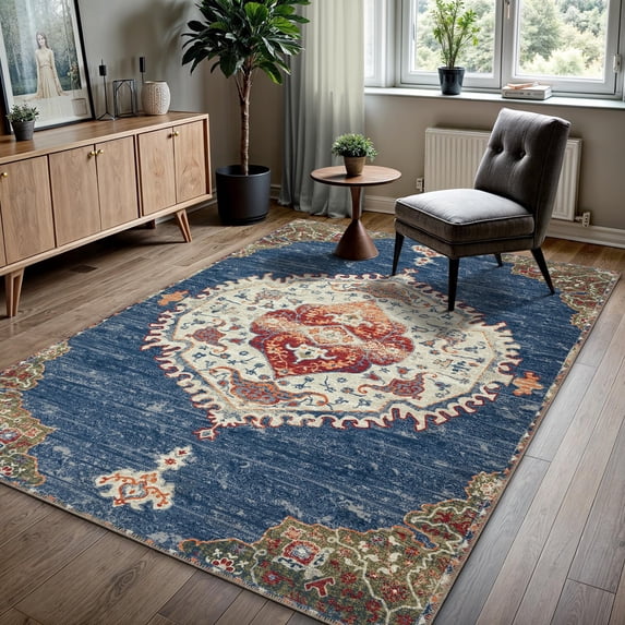 GLN Rugs Anatolium - Indoor, Machine Washable Area Rug 3'x5' Turkish Blue Home Carpet
