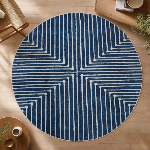 GLN Rugs Assos - Contemporary, Machine Washable Area Rug 5'3" Round, Blue Carpet, Bedroom - Any Space