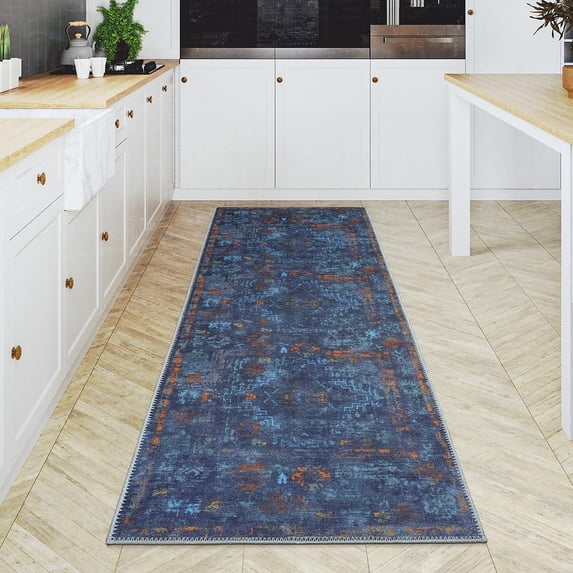 GLN Rugs Atlantis - Contemporary, Machine Washable Area Rug 2'6"x10' Abstract D.Blue Home Carpet, All Ages