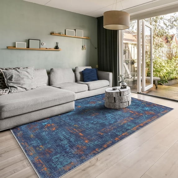 GLN Rugs Atlantis - Contemporary, Machine Washable Area Rug 4'x6' Abstract Dark Blue Home Carpet