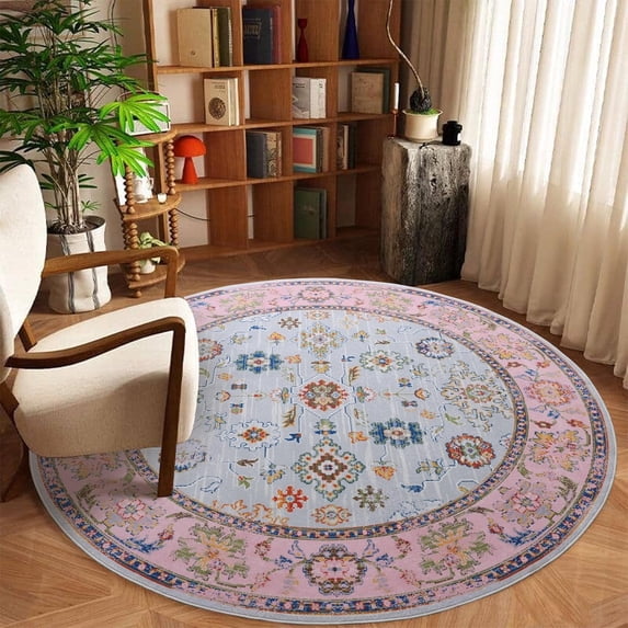 GLN Rugs Ayder - Indoor, Machine Washable Area Rug 5'3" Round Turkish Pink Home Carpet