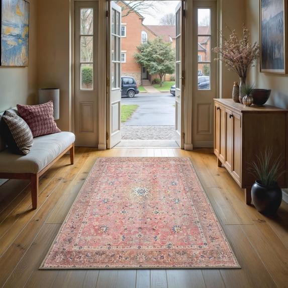GLN Rugs Camelot - Indoor, Machine Washable Area Rug 2'6"x7' Pink/Coral Home Carpet, All Ages