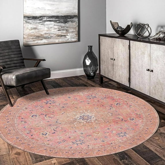 GLN Rugs Camelot - Indoor, Machine Washable Area Rug 5'3" Round Pink/Coral Home Carpet