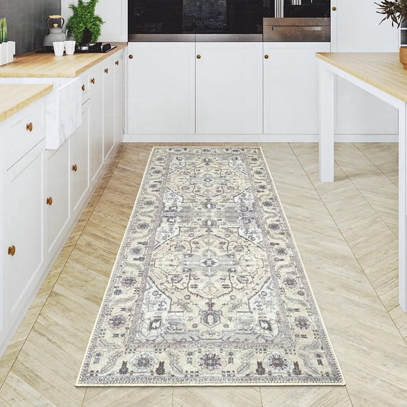 GLN Rugs Cyrene - Indoor, Machine Washable Area Rug 2'6"x7' Cream/Gray Home Carpet, All Ages