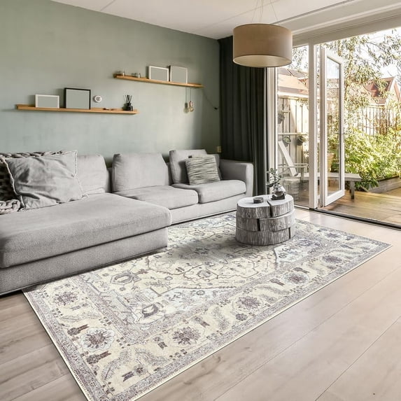 GLN Rugs Cyrene - Indoor, Machine Washable Area Rug 5'x7' Moroccon Cream/Gray Home Carpet