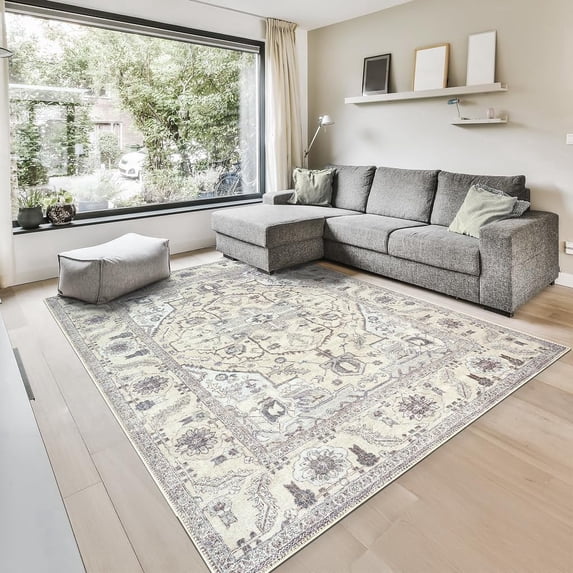 GLN Rugs Cyrene - Indoor, Machine Washable Area Rug 8'x10' Moroccon Cream/Gray Home Carpet
