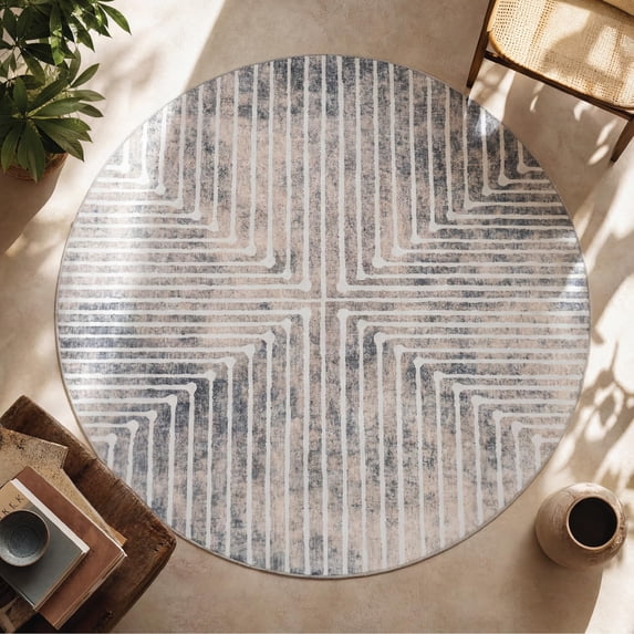 GLN Rugs Ephesus - Contemporary, Machine Washable Area Rug 5'3" Round Turkish Beige/Gray Home Carpet